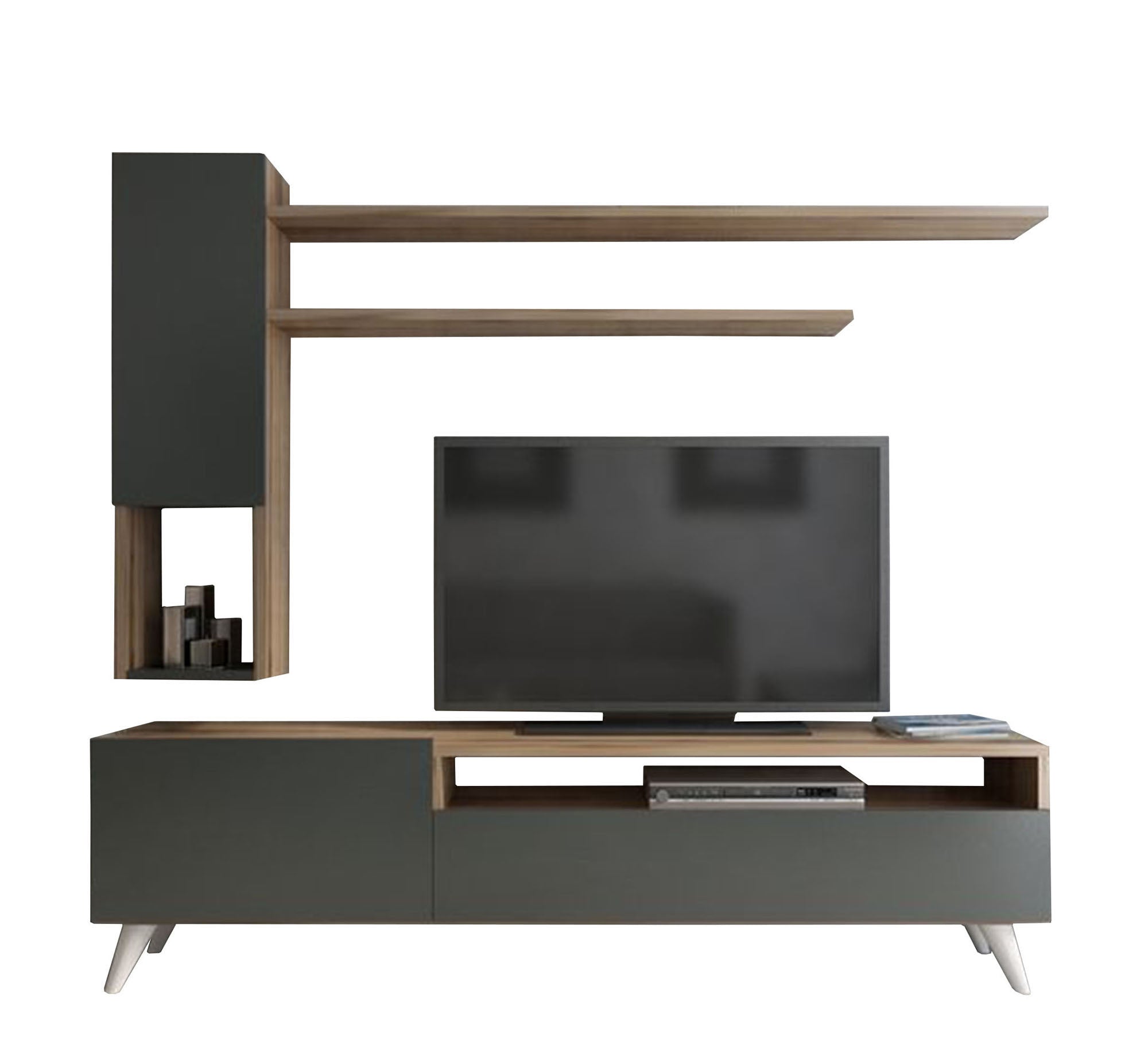 Black and beige TV table with a top shelf and a wall desk