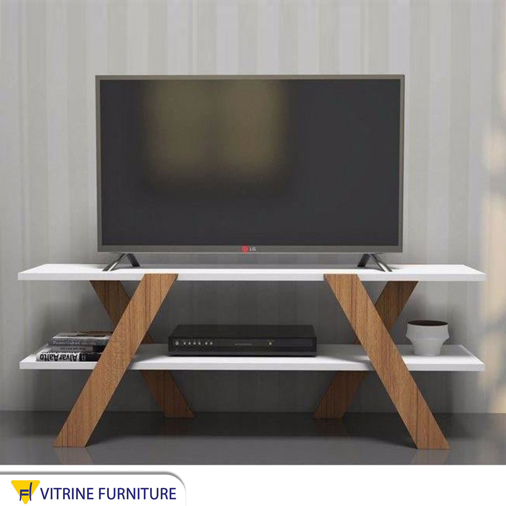TV table with two shelves and X-letter legs, white and beige