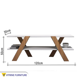 Console with two shelves and X-letter legs, white and beige