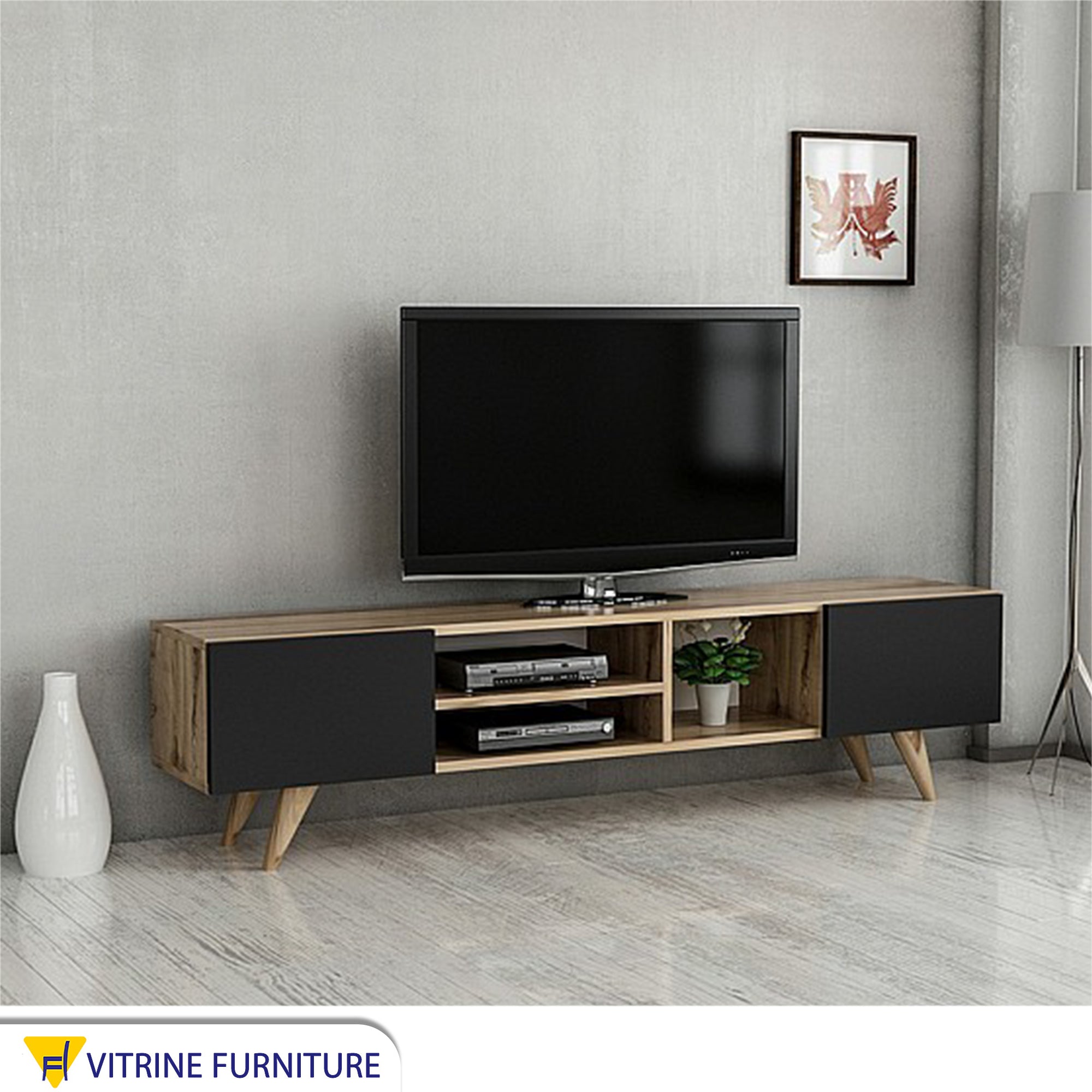 TV table with high legs, black and beige