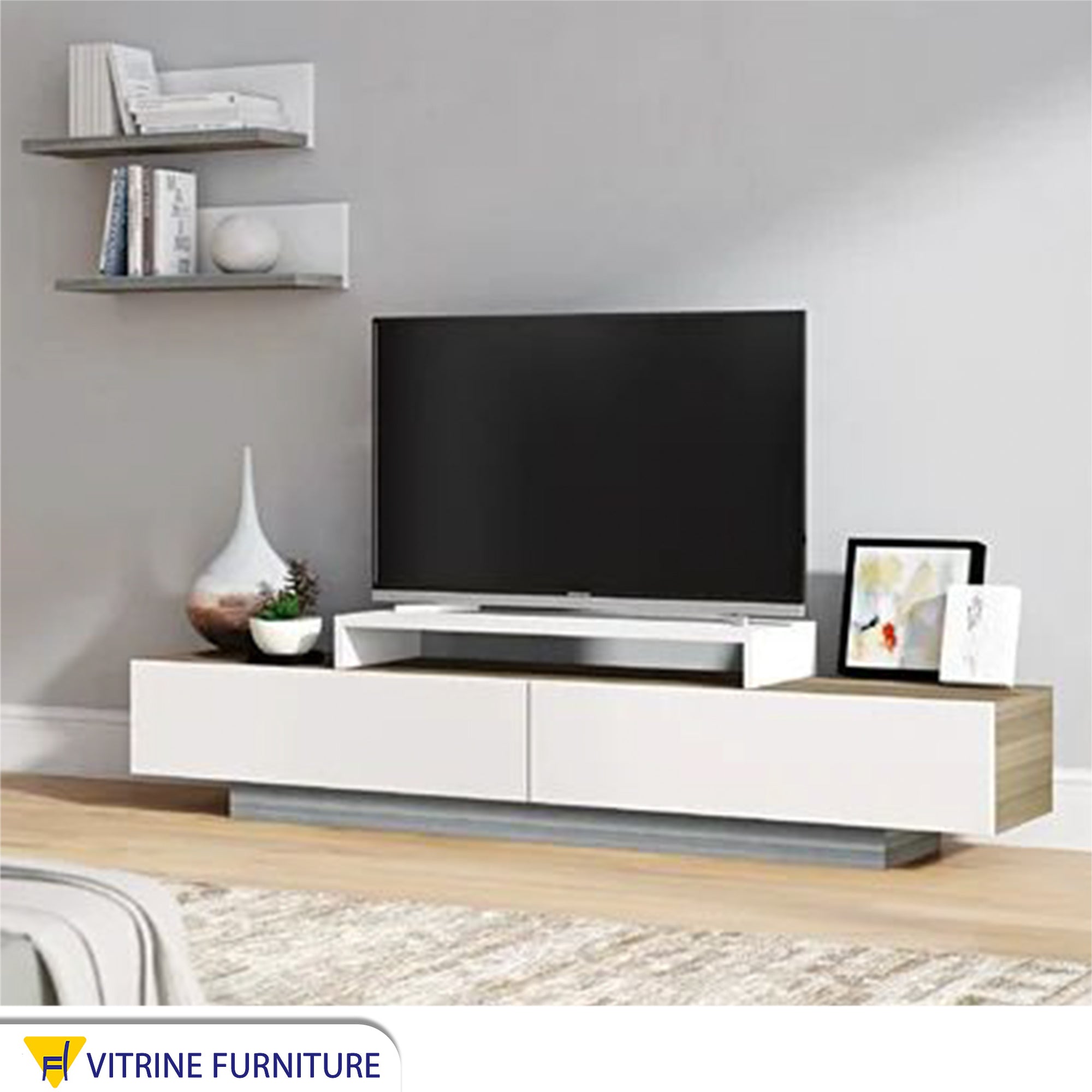 TV table with a modern design in white and beige wood