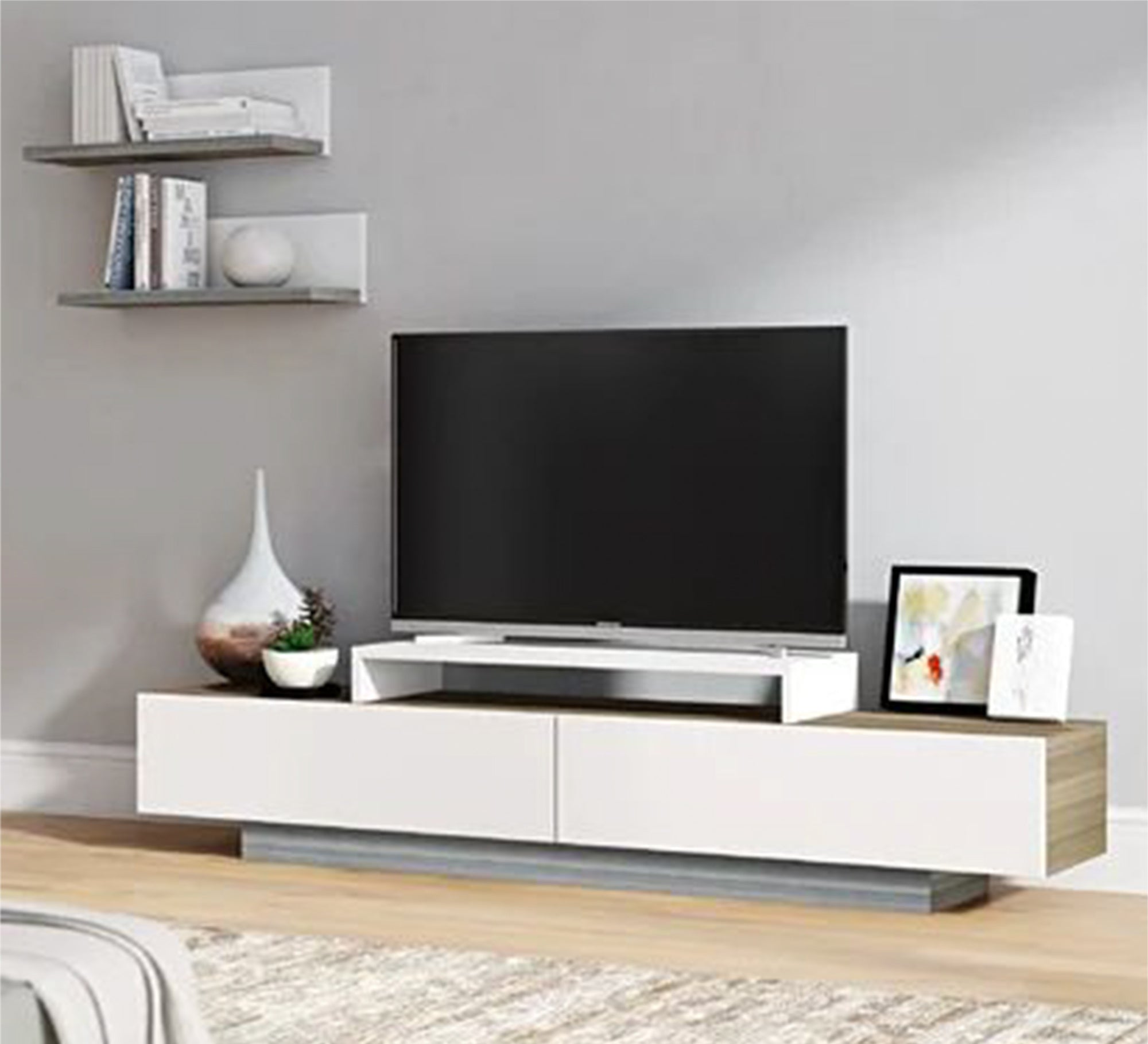 TV table with a modern design in white and beige wood