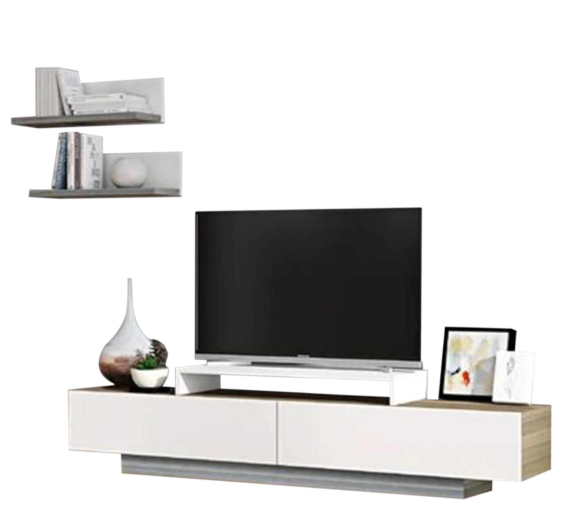 TV table with a modern design in white and beige wood