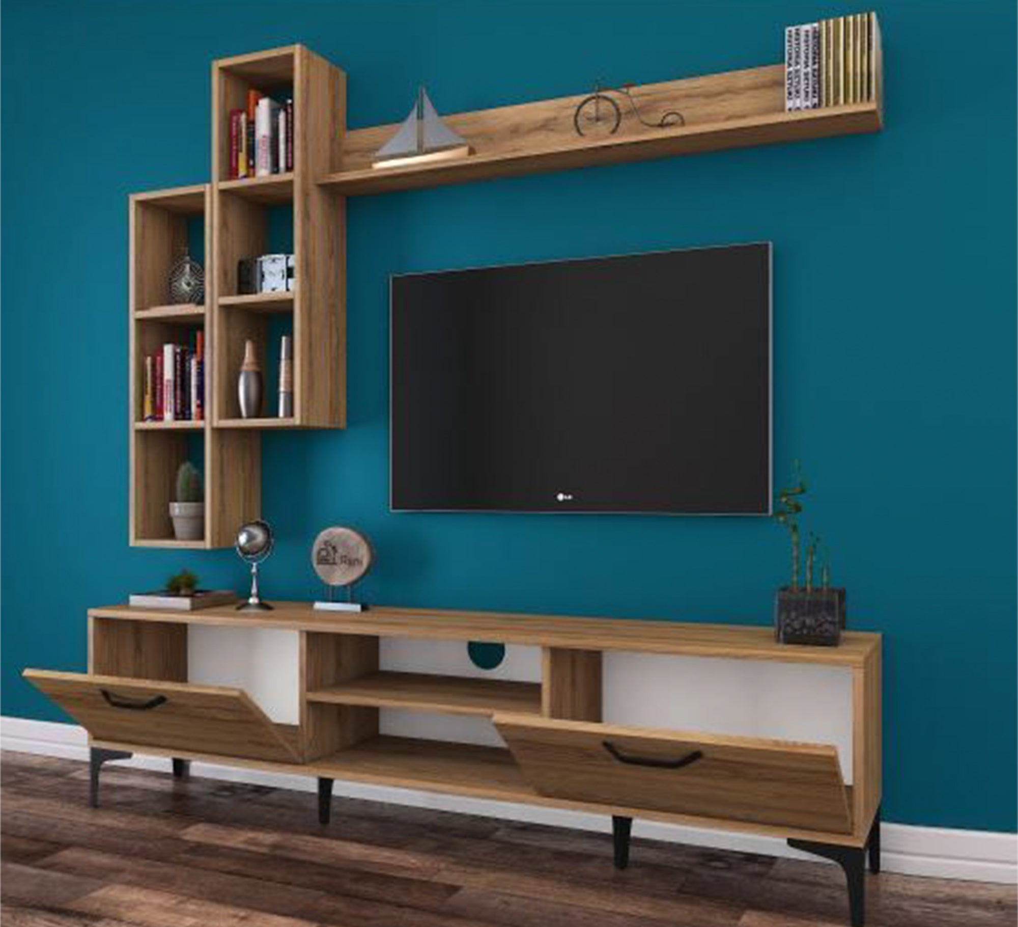 TV unit with two flap doors and two shelves