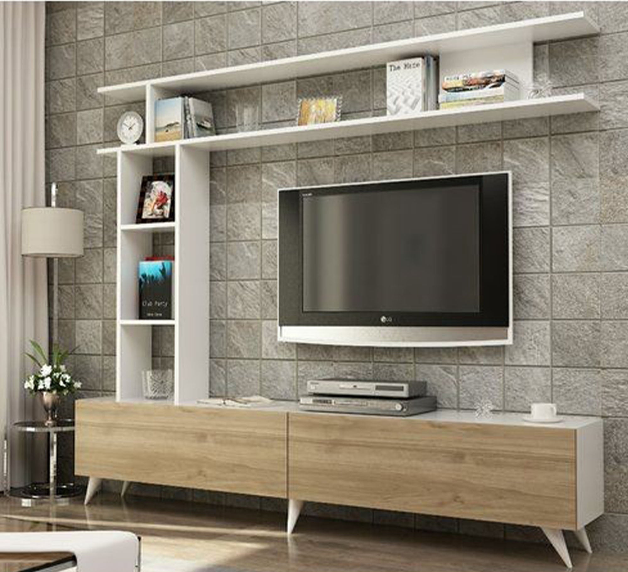 White and beige TV table with wall shelves