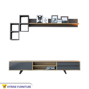 Black and beige TV table with upper shelves