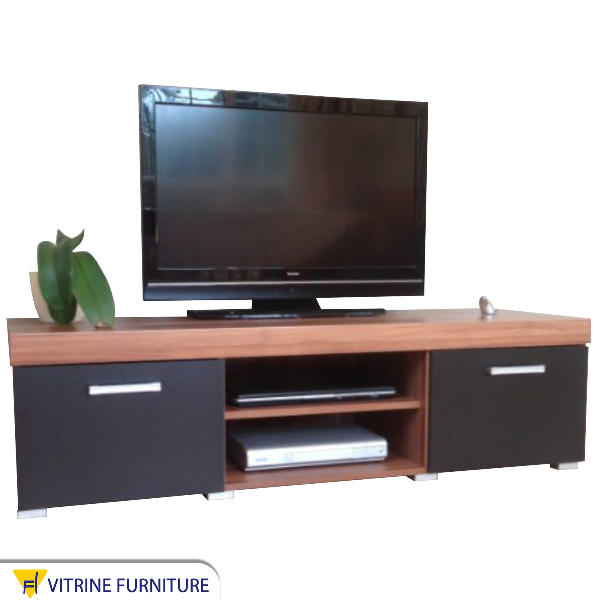 Black and brown wooden TV table with two storage spaces