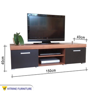 Black and brown wooden TV table with two storage spaces