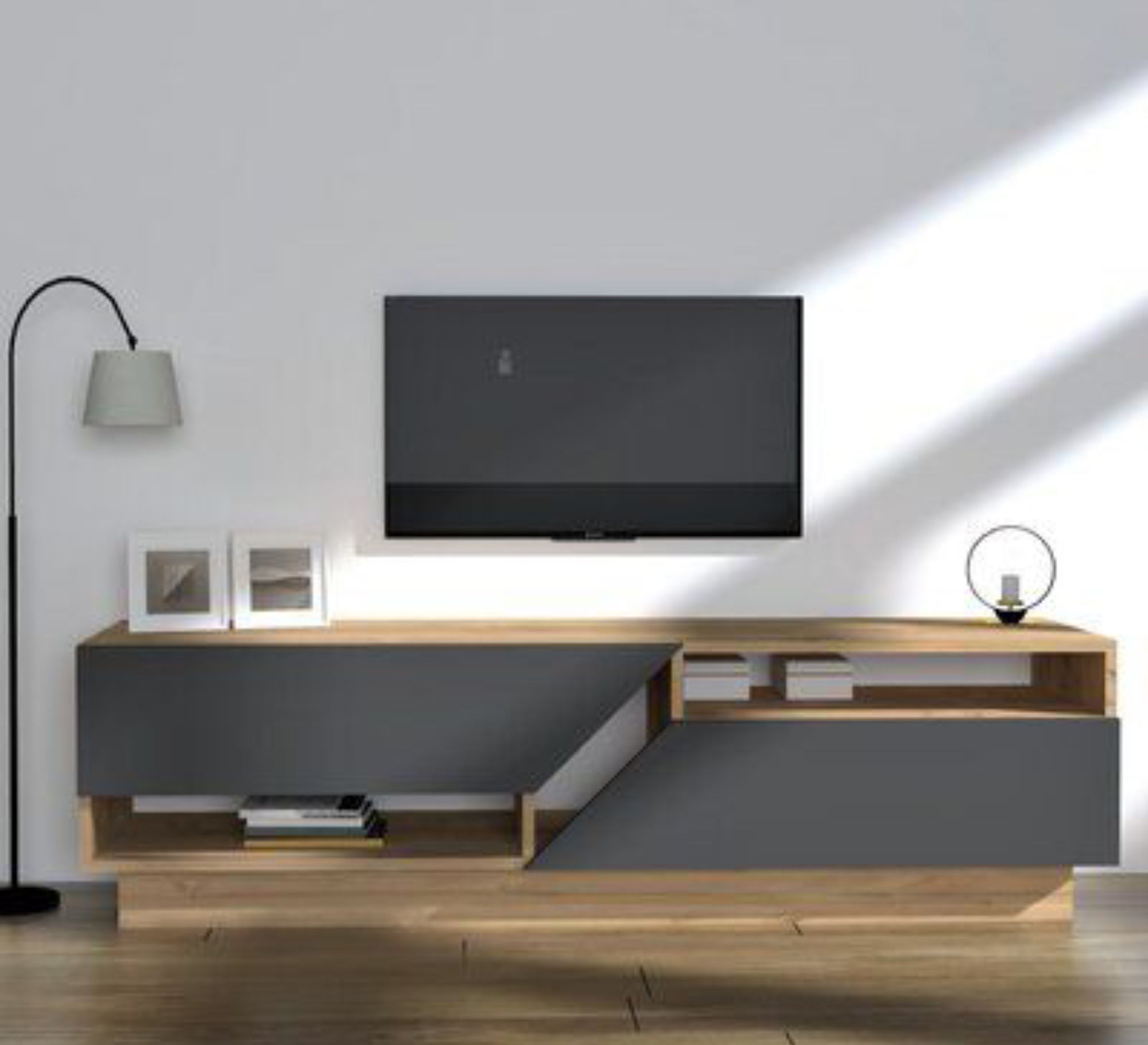 Dark gray and beige TV table