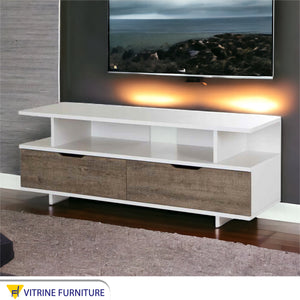 A white TV unit with a wooden casing