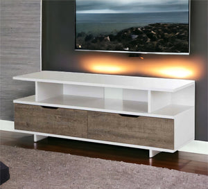 A white TV unit with a wooden casing