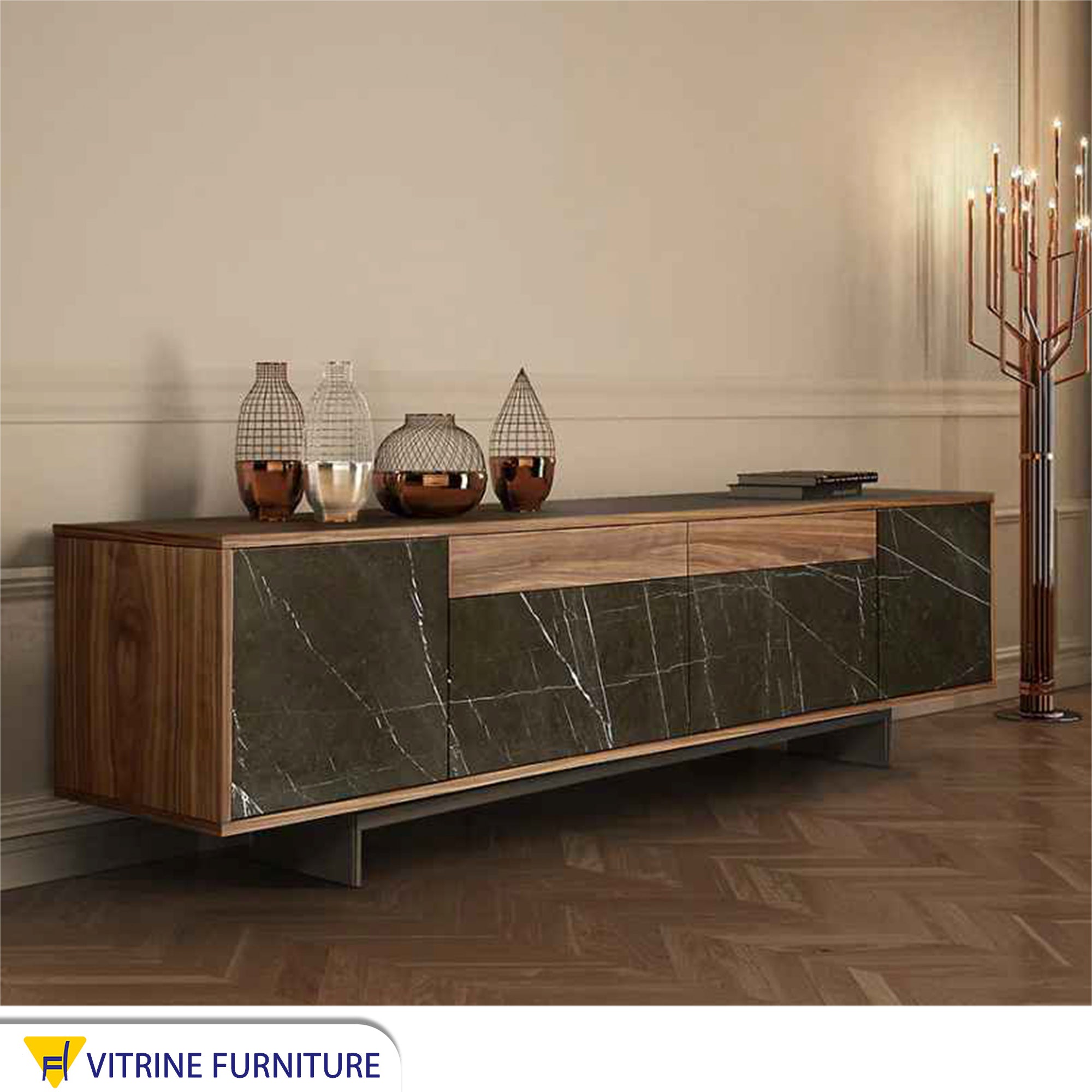 TV unit with olive green marble surface