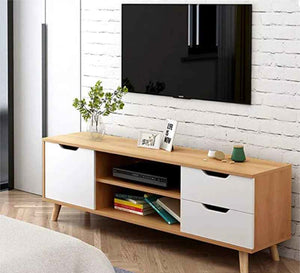 A TV unit with two drawers, a flip drawers , and a middle shelf