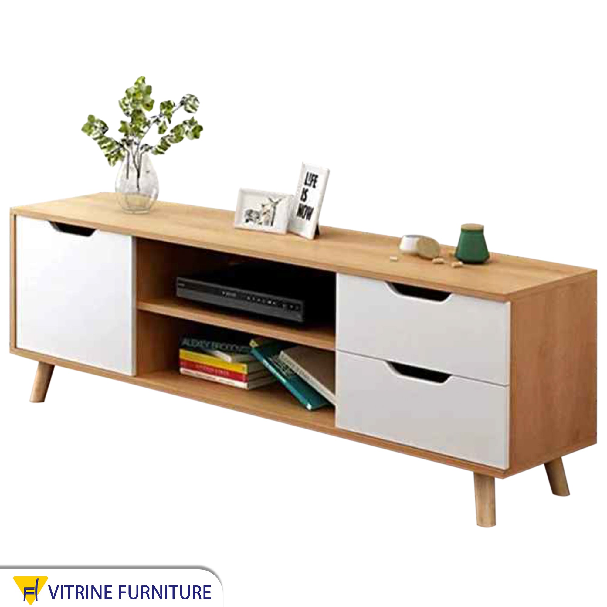 A TV unit with two drawers, a flip drawers , and a middle shelf