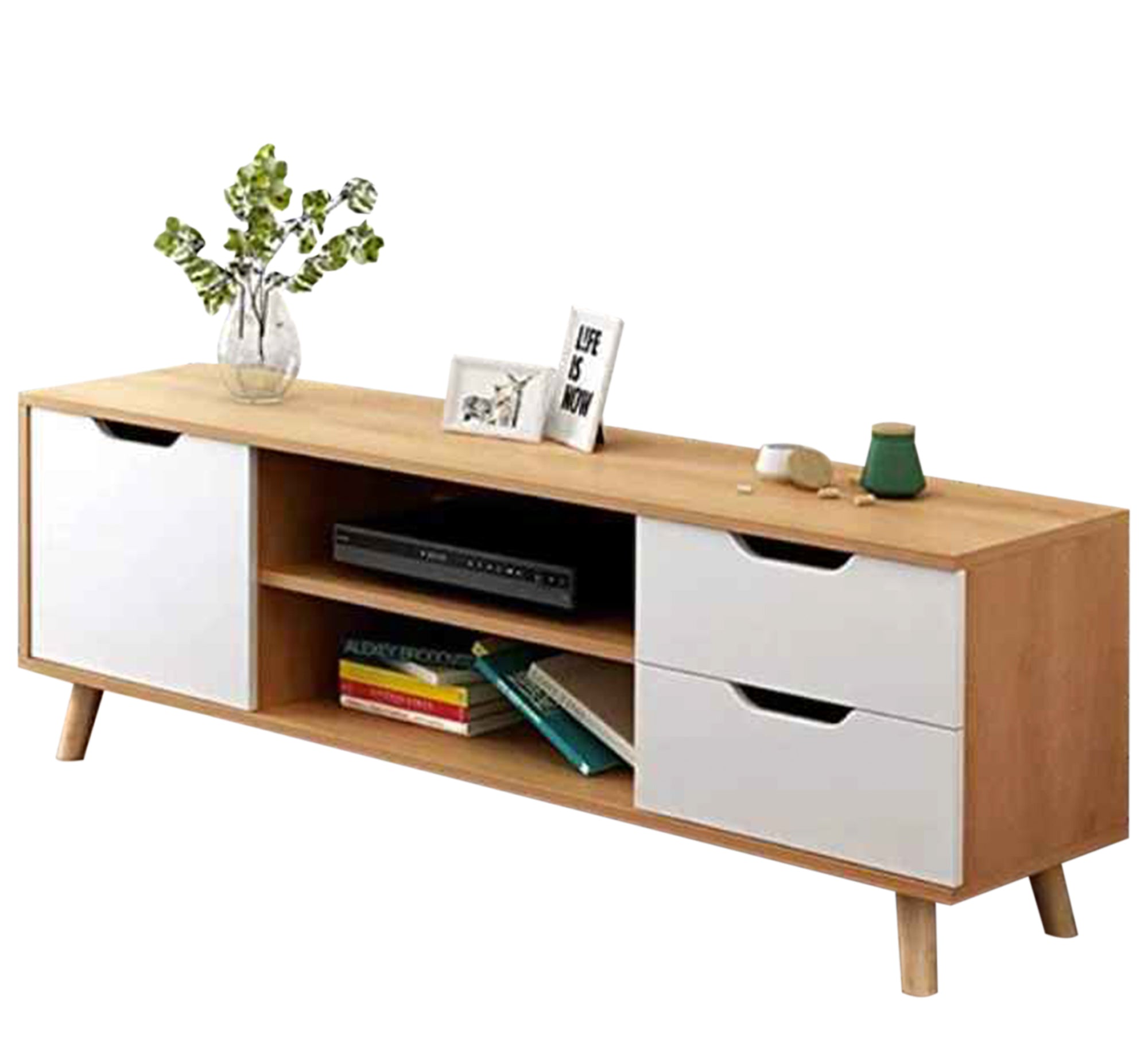 A TV unit with two drawers, a flip drawers , and a middle shelf