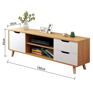 A TV unit with two drawers, a flip drawers , and a middle shelf