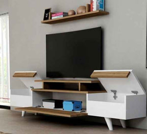 TV unit with movable hinged surfaces