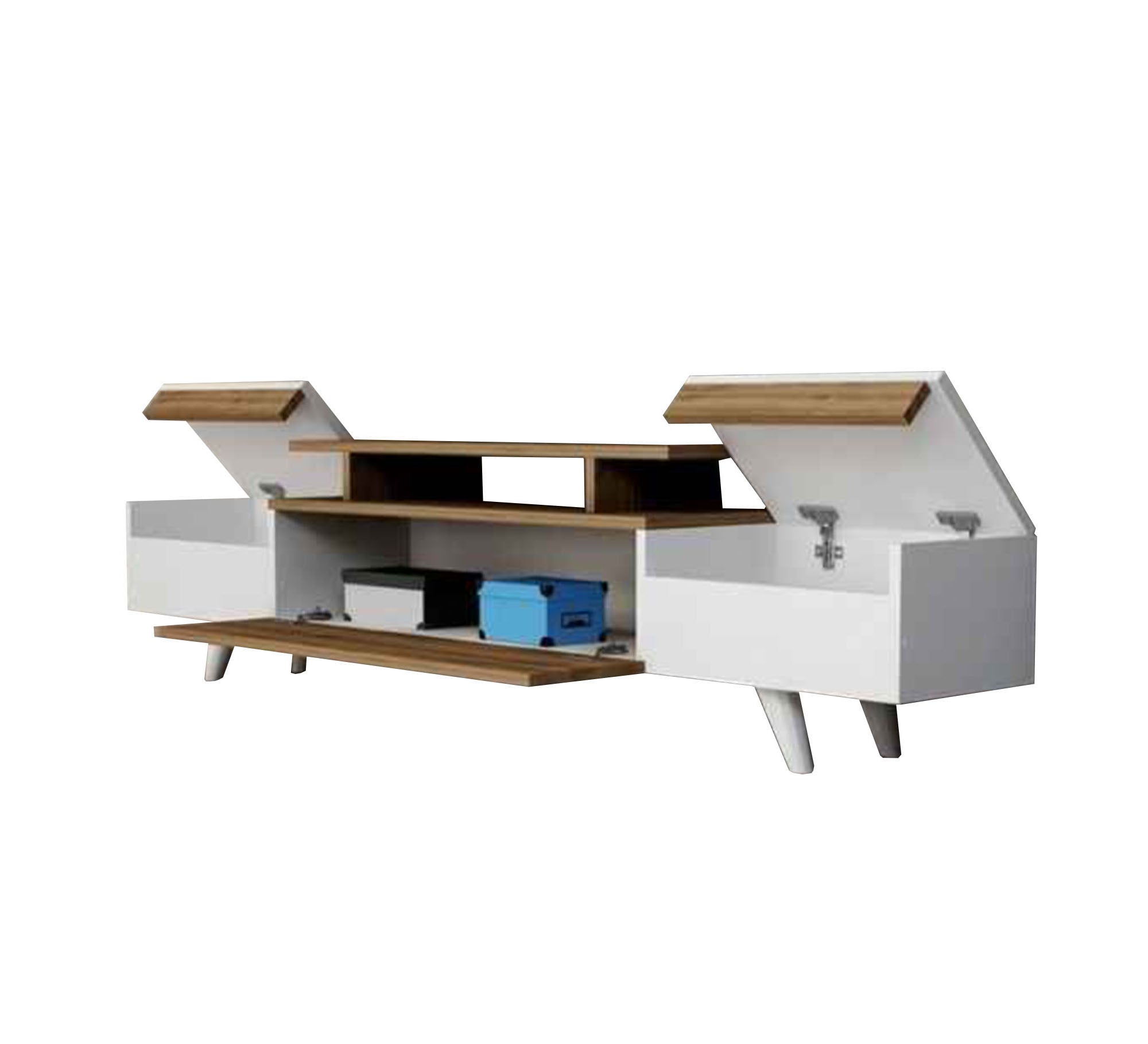 TV unit with movable hinged surfaces