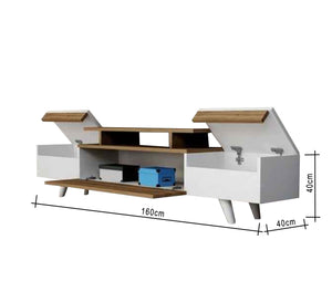 TV unit with movable hinged surfaces