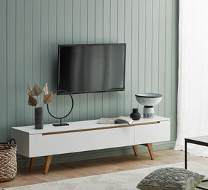 White TV table with brown accents