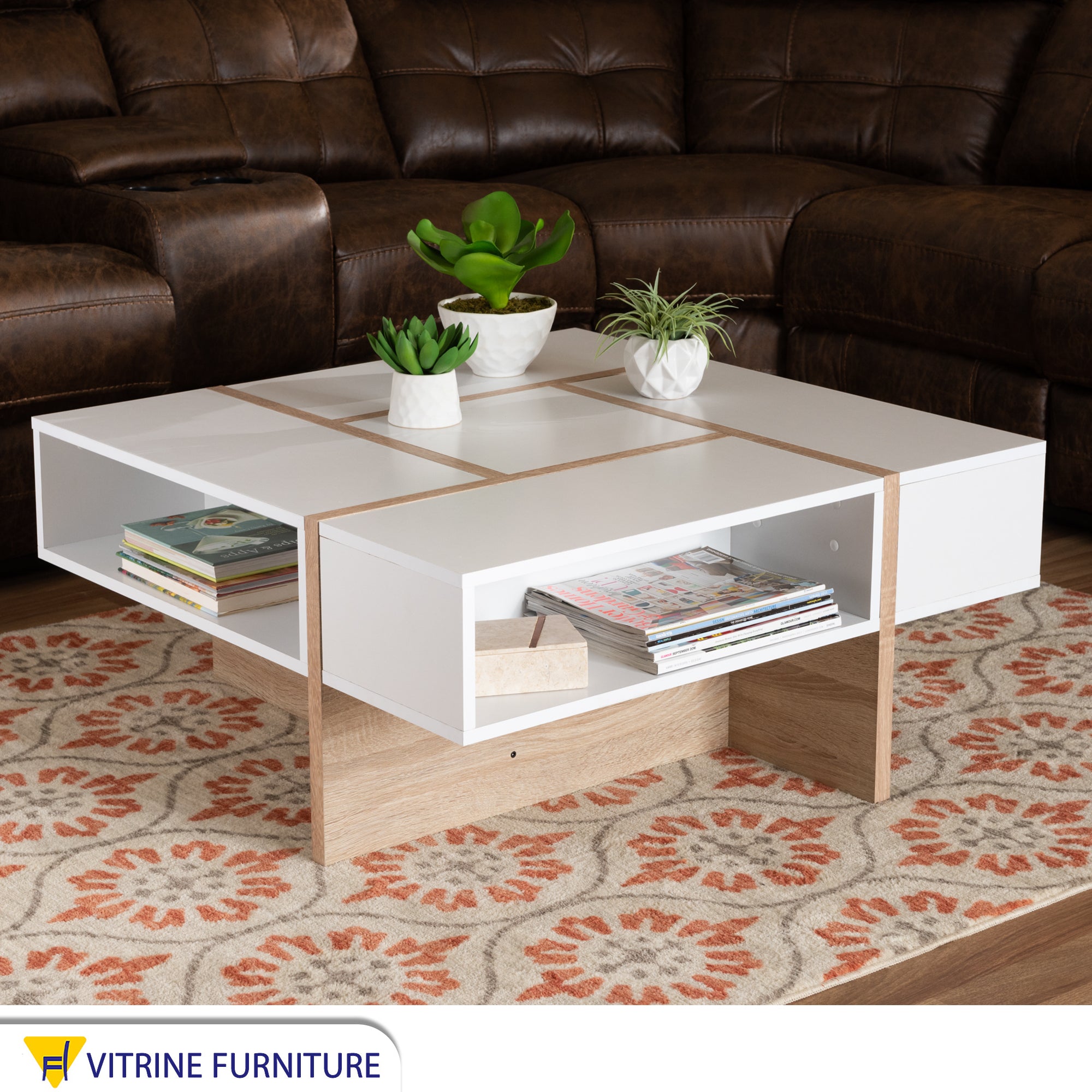 White center table decorated with brown stripes
