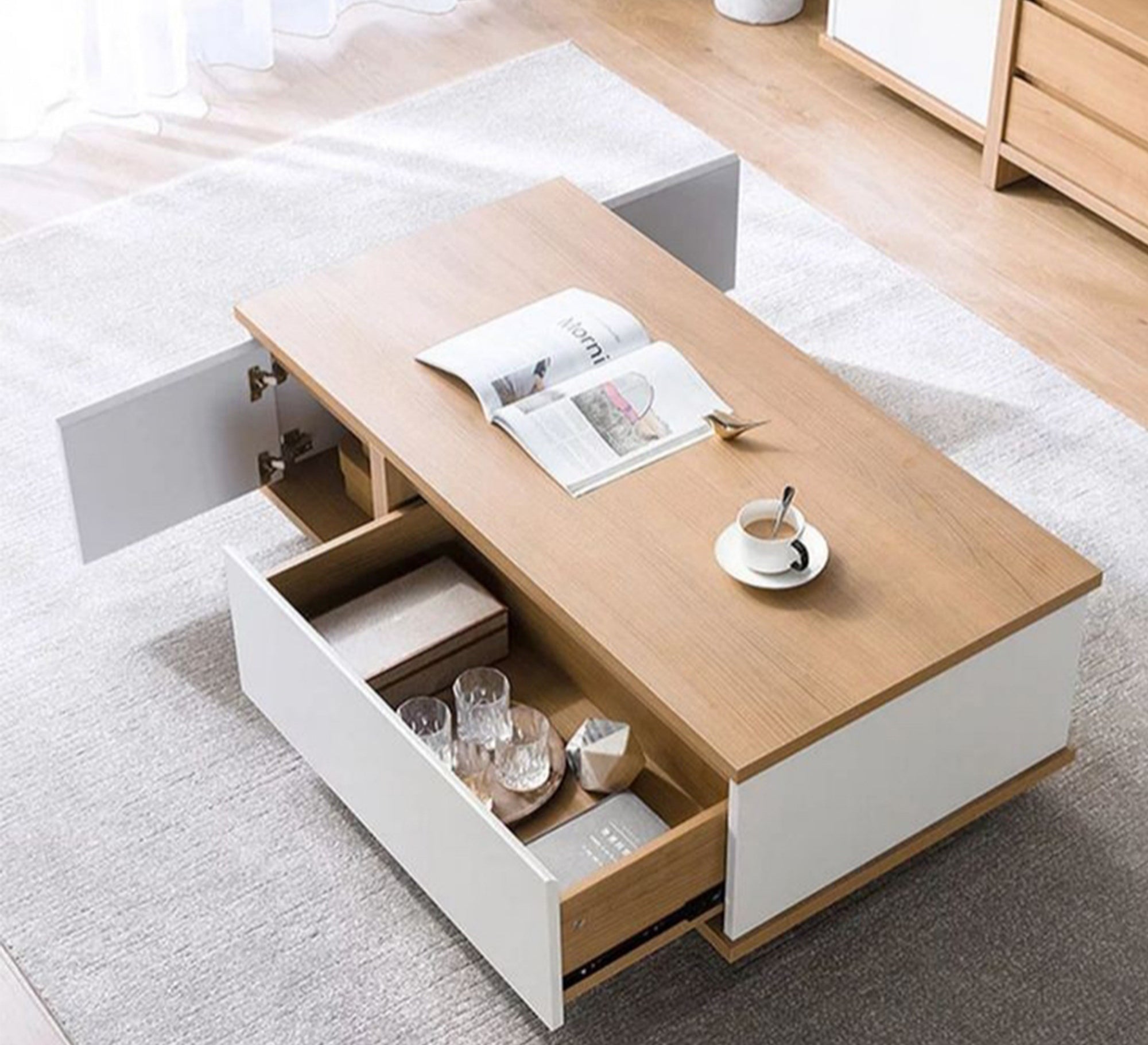 Coffee table with drawer and sliding door