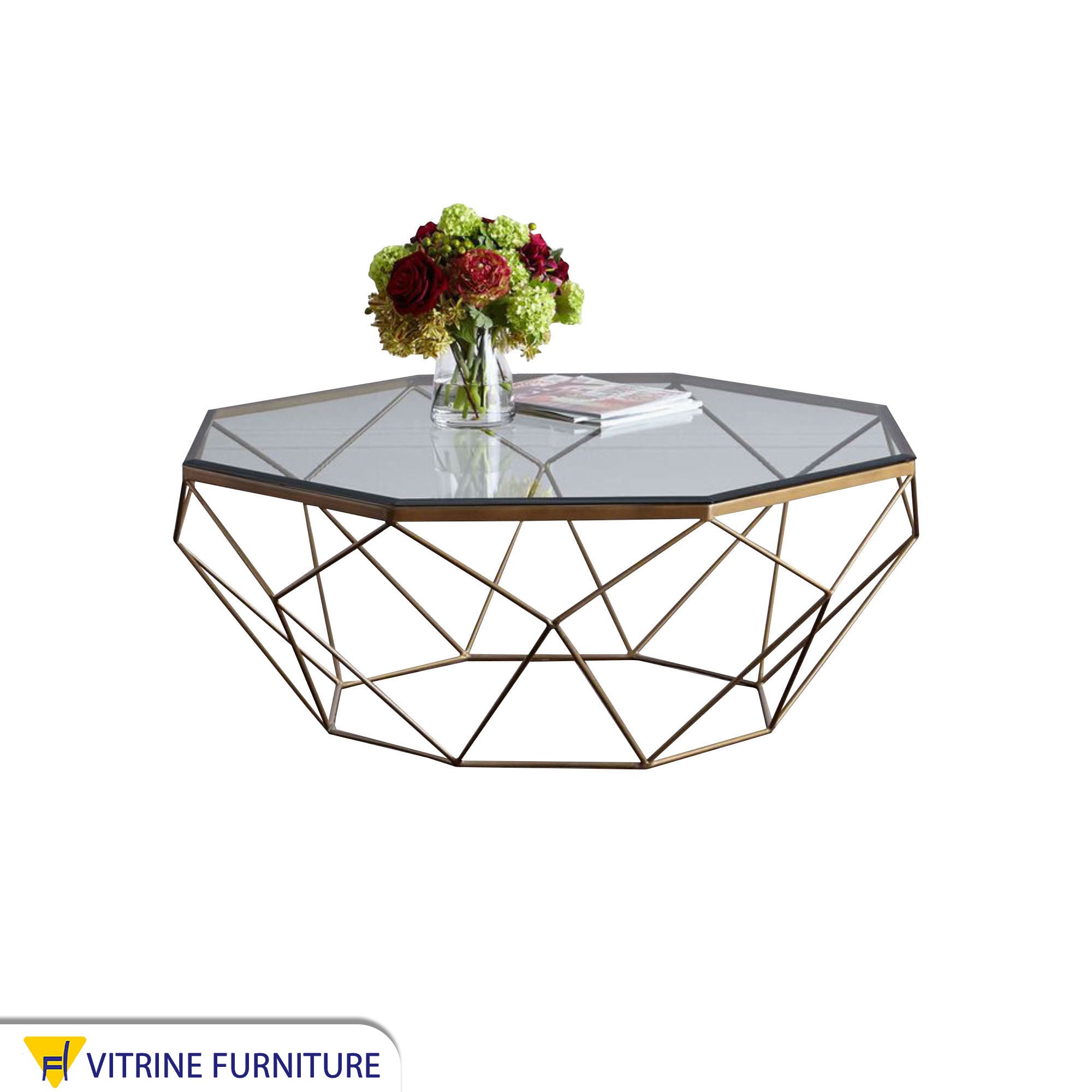 طاولة وسط مضلعة الشكل مع زجاج شفاف