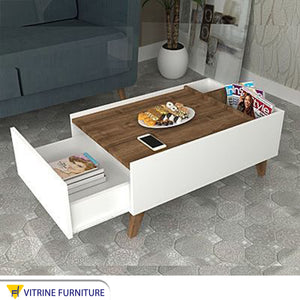 White table with brown wooden top and high legs