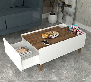 White table with brown wooden top and high legs