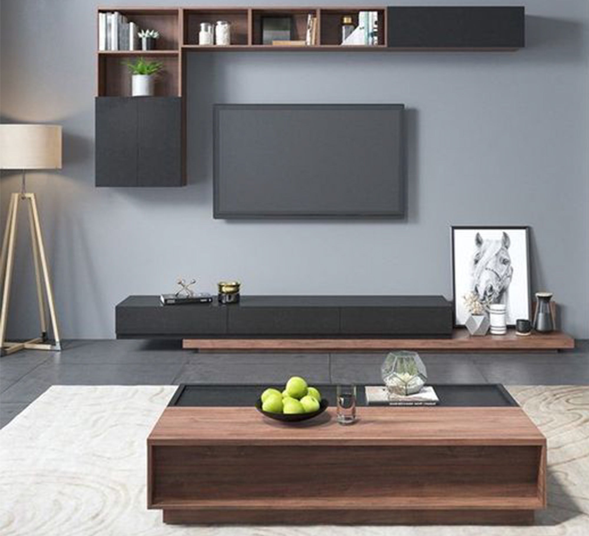 Table and TV unit with upper shelves