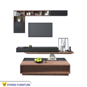 Table and TV unit with upper shelves