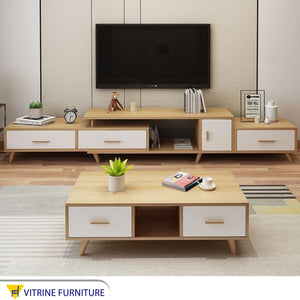 TV unit in white and wooden beige