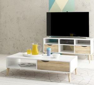 A simple table and TV unit in white mixed with wood