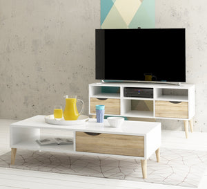 A simple table and TV unit in white mixed with wood