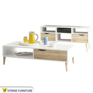 A simple table and TV unit in white mixed with wood