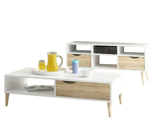 A simple table and TV unit in white mixed with wood