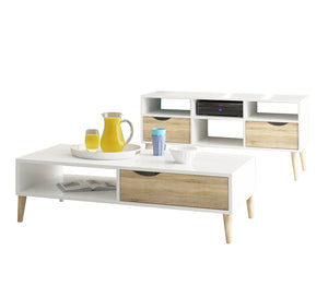 A simple table and TV unit in white mixed with wood