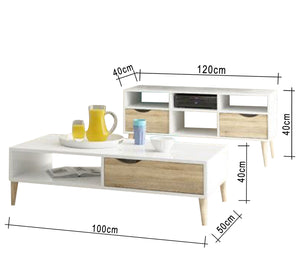 A simple table and TV unit in white mixed with wood