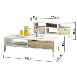 A simple table and TV unit in white mixed with wood