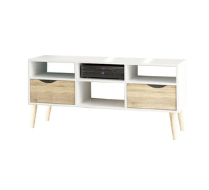 A simple table and TV unit in white mixed with wood