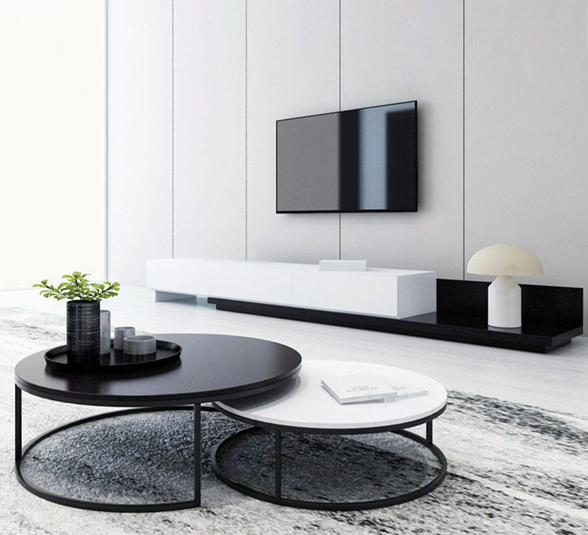 Modern black and white TV unit with circular tables