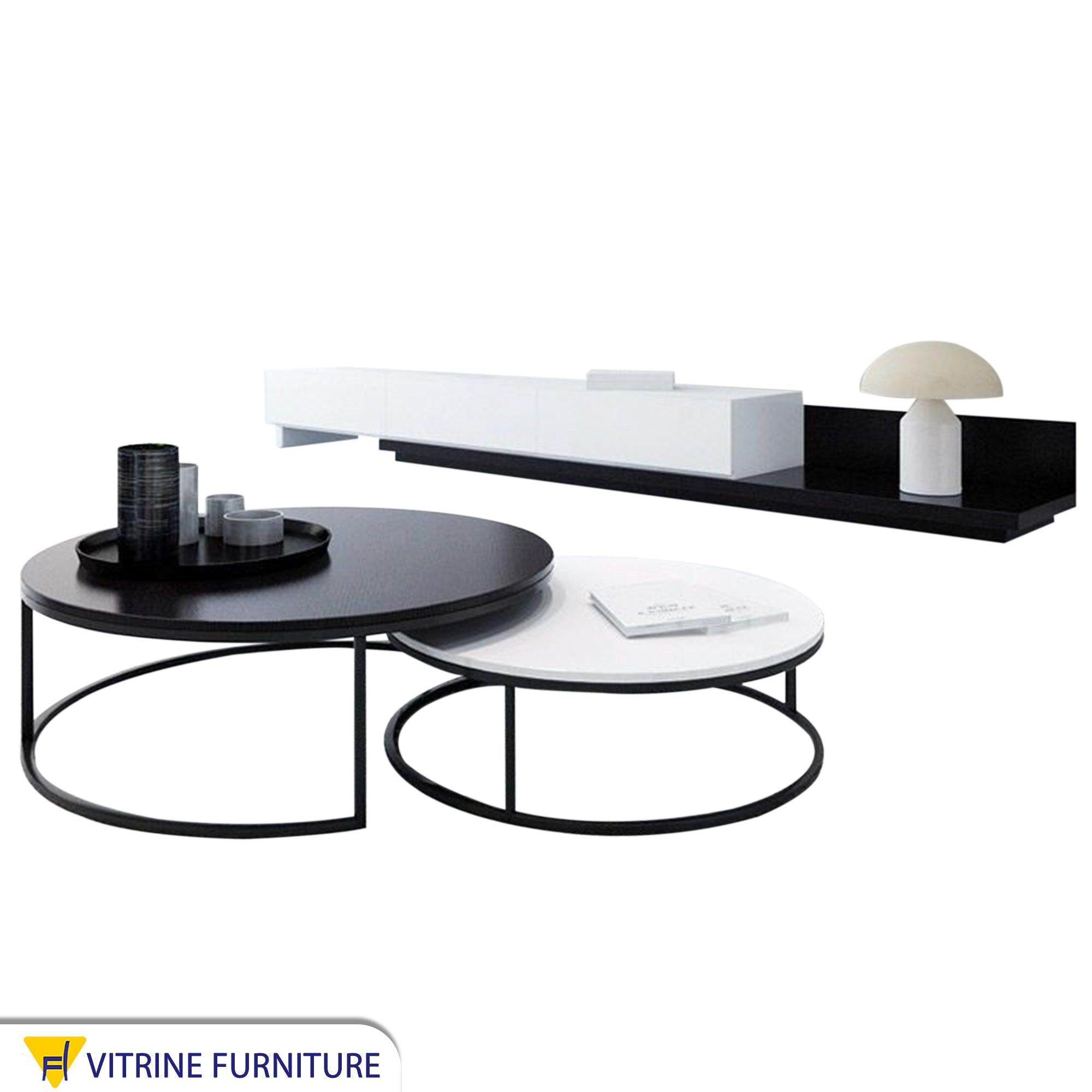 Modern black and white TV unit with circular tables