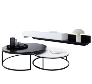 Modern black and white TV unit with circular tables