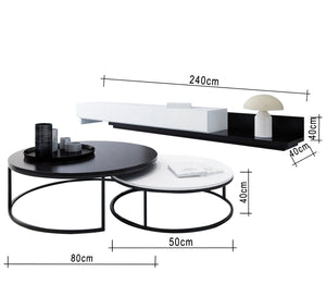 Modern black and white TV unit with circular tables