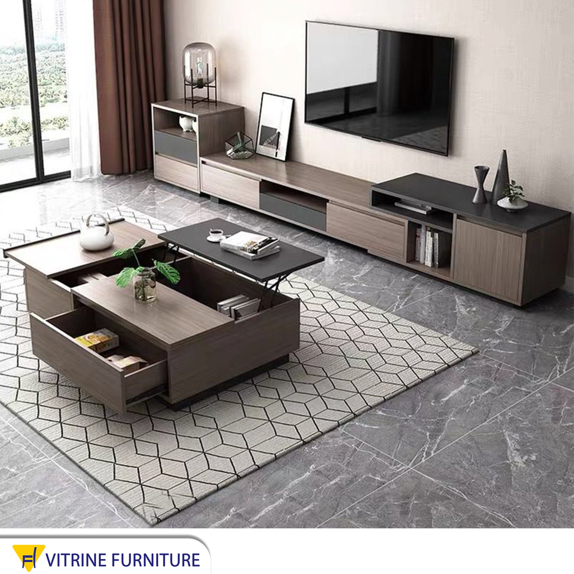 A TV unit, a shelf, and a unit with 2 drawers and a rectangular table