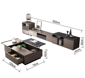 A TV unit, a shelf, and a unit with 2 drawers and a rectangular table