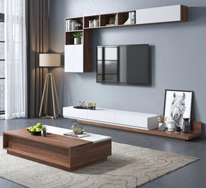 TV unit with multiple pieces and a modern table