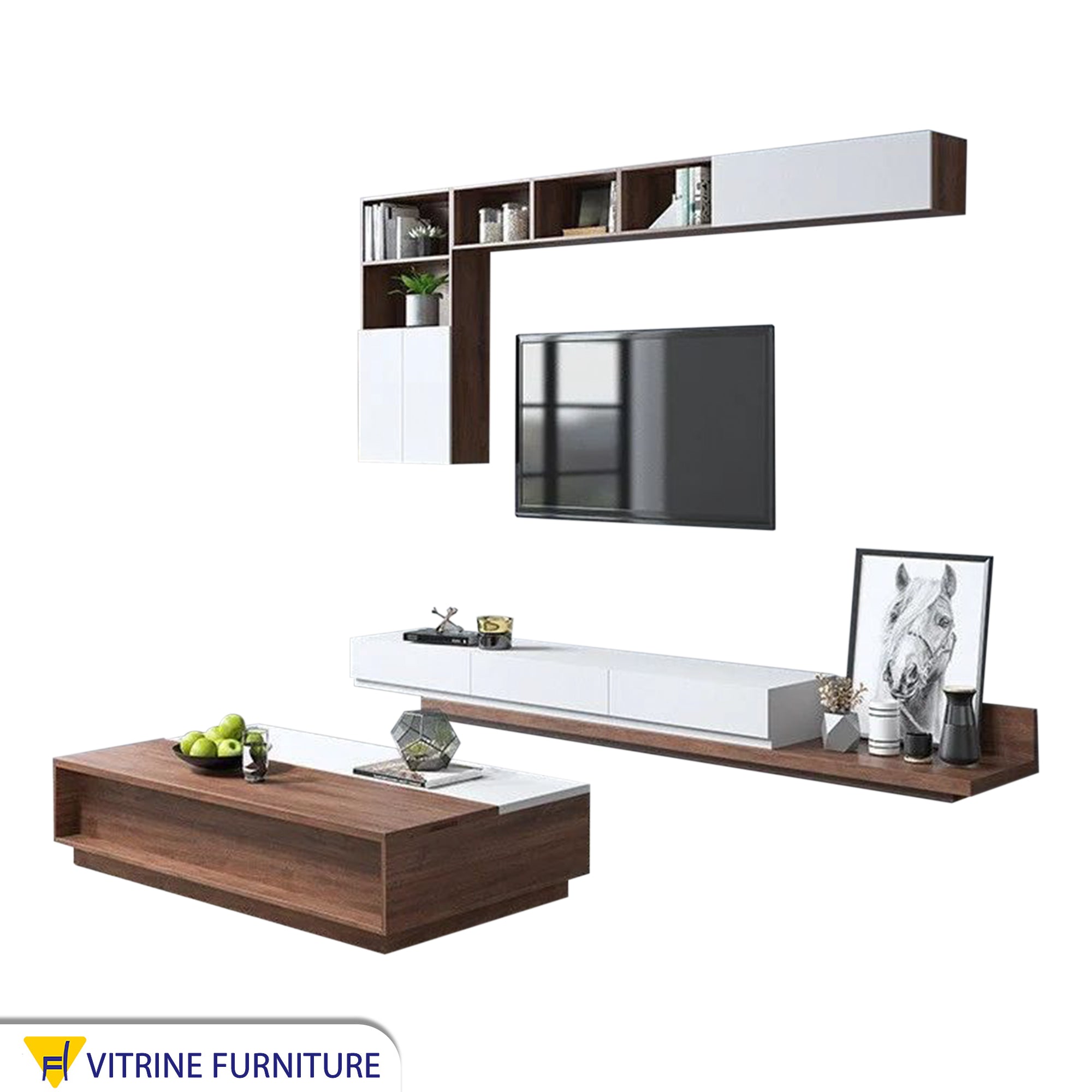 TV unit with multiple pieces and a modern table