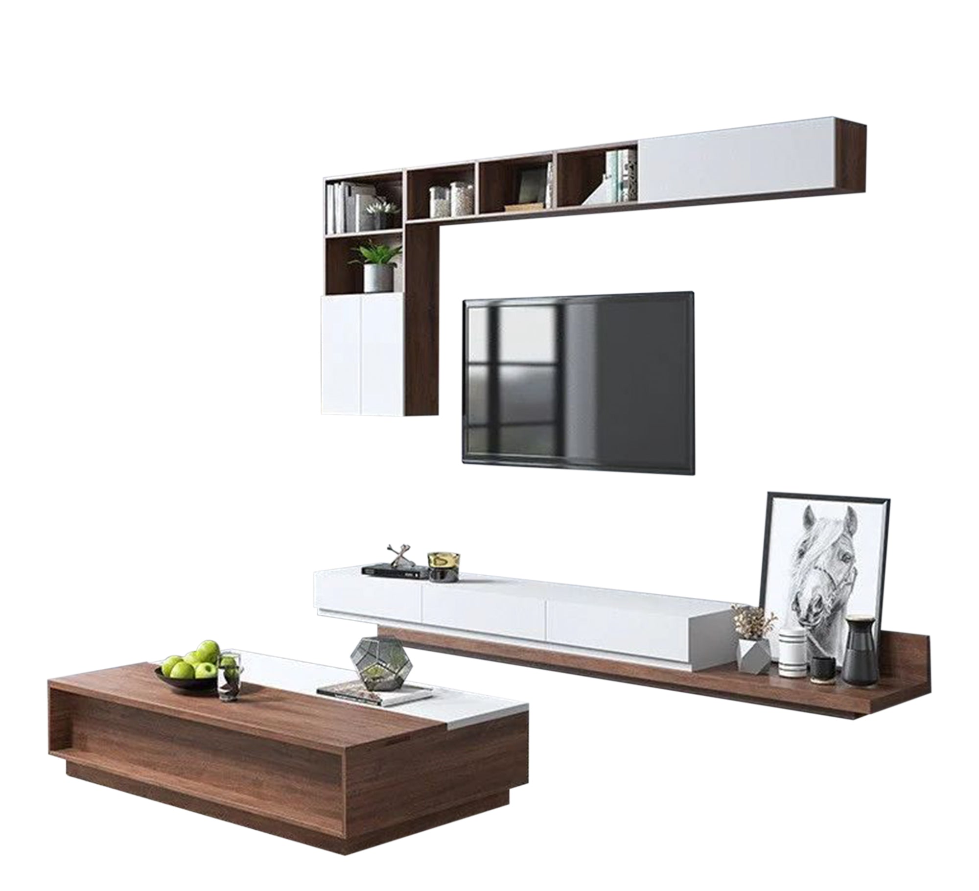 TV unit with multiple pieces and a modern table