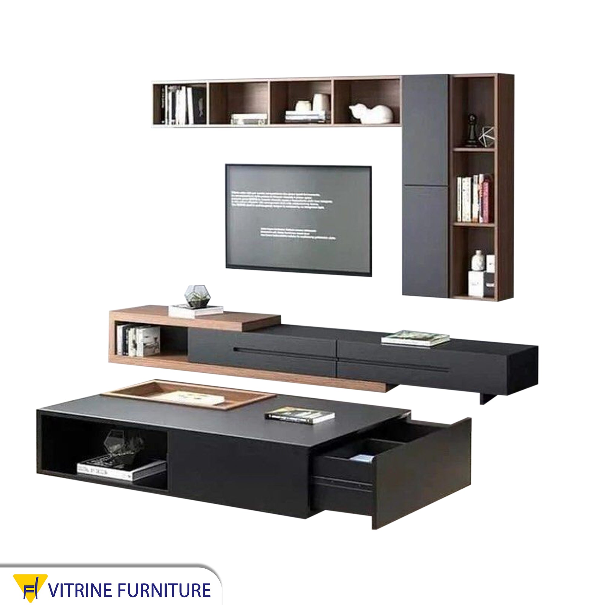 Black TV unit with upper shelves